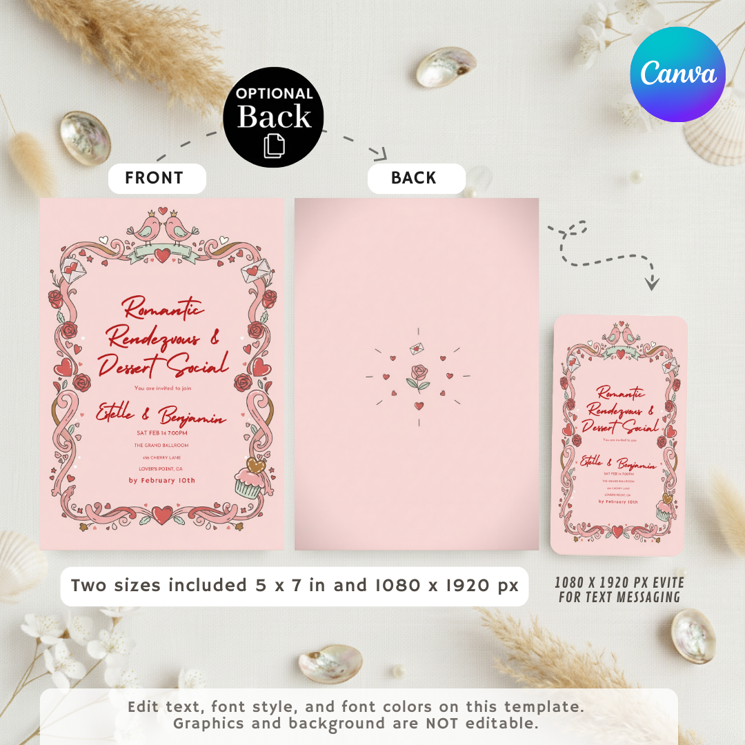 Editable Valentine's Day Invitation | Romantic Rendezvous & Dessert Social Template | Couples Party Invite | Love Birds Theme | Instant Download
