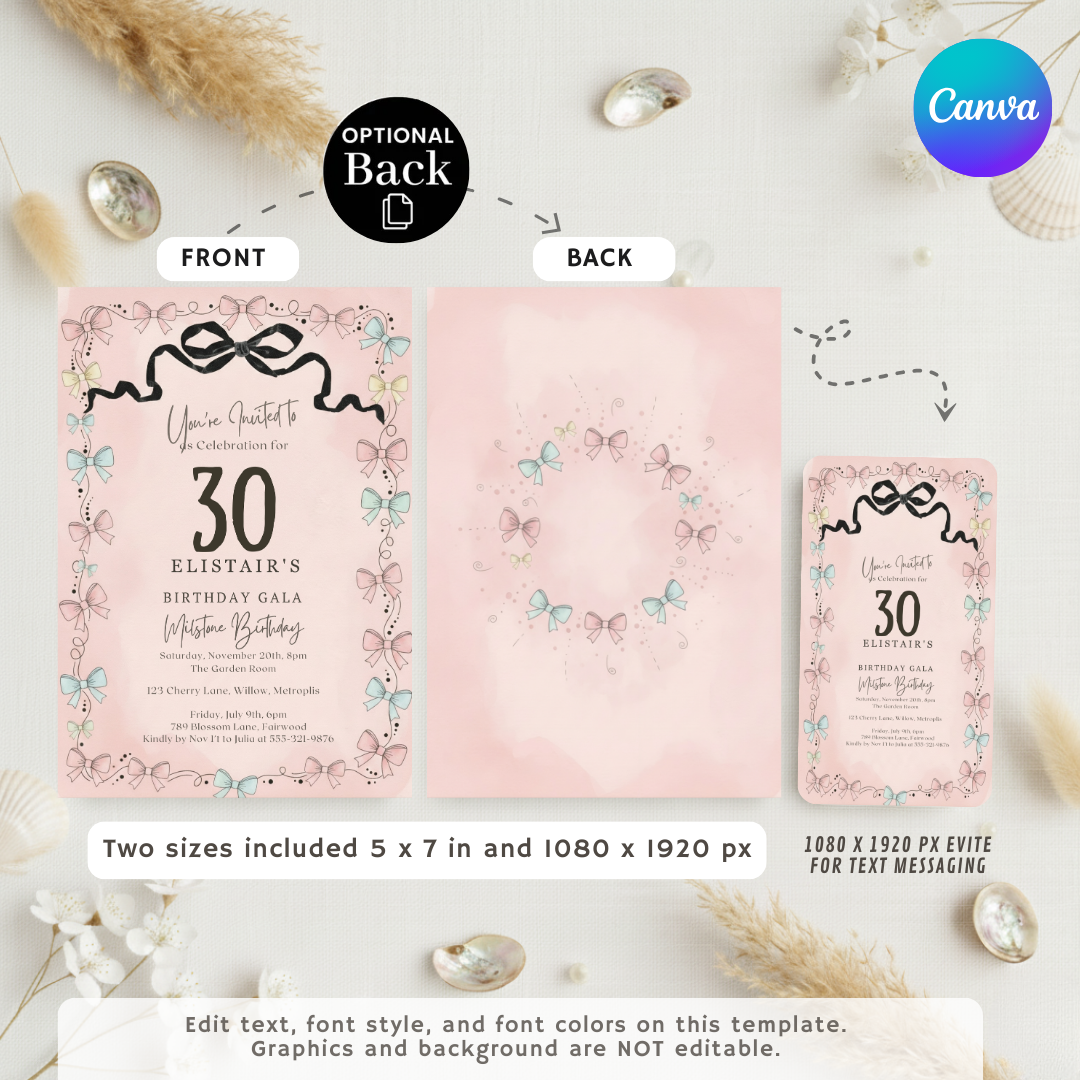 Coquette Bow 30th Birthday Invitation Template | Editable Pink & Black Invite for Her | Whimsical Milestone Birthday Gala | Printable Digital Evite