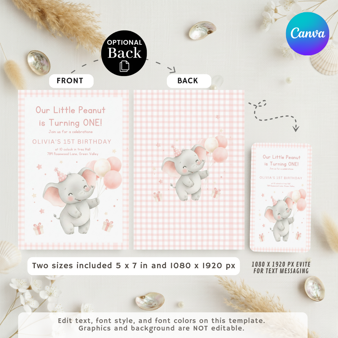 Elephant First Birthday Invitation Girl | Little Peanut is ONE Invite Template | Editable Pink Gingham Party | Printable Digital Evite