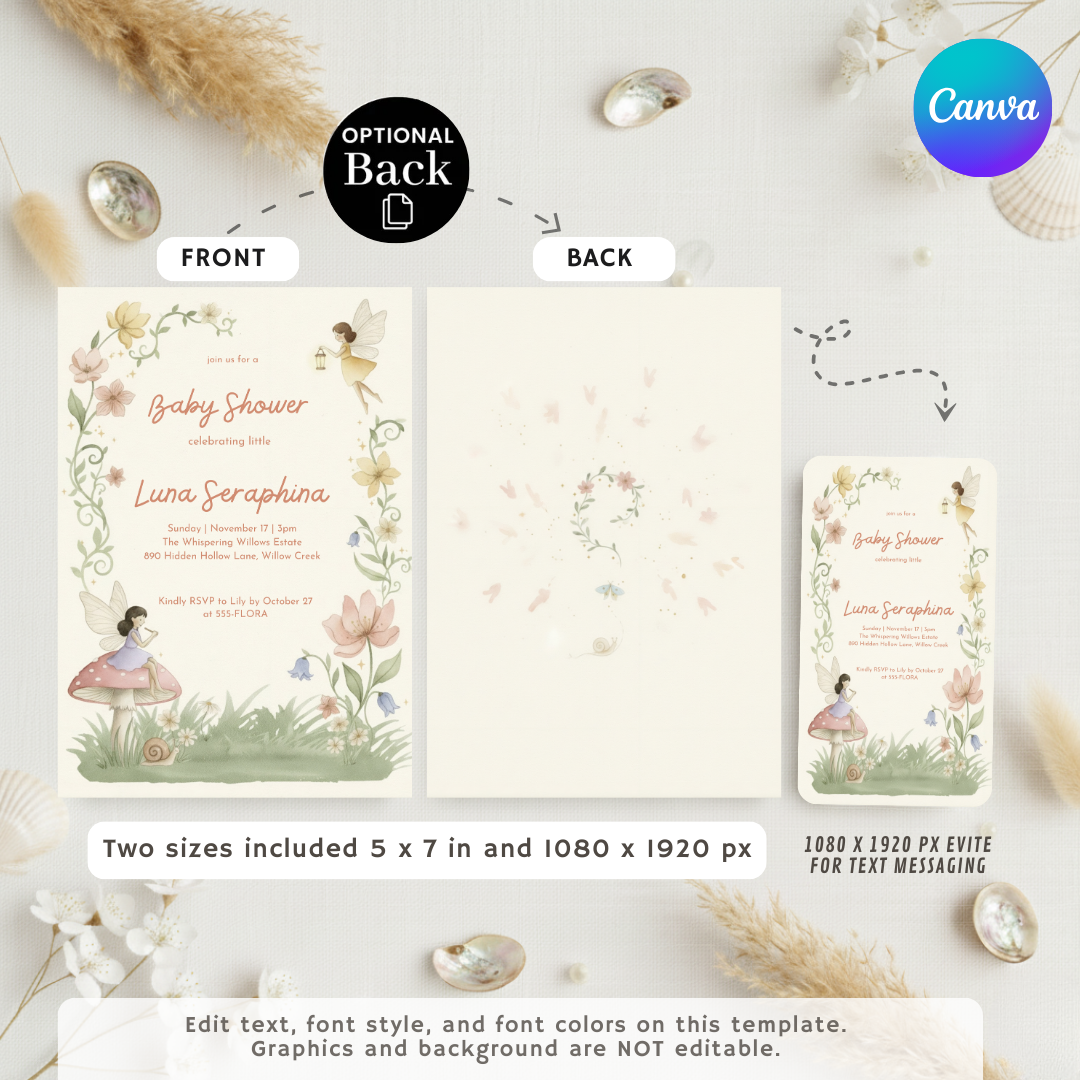 Fairy Baby Shower Invitation Girl | Whimsical Woodland Invite Template | Enchanted Forest | Editable Printable Digital Evite | Instant Download
