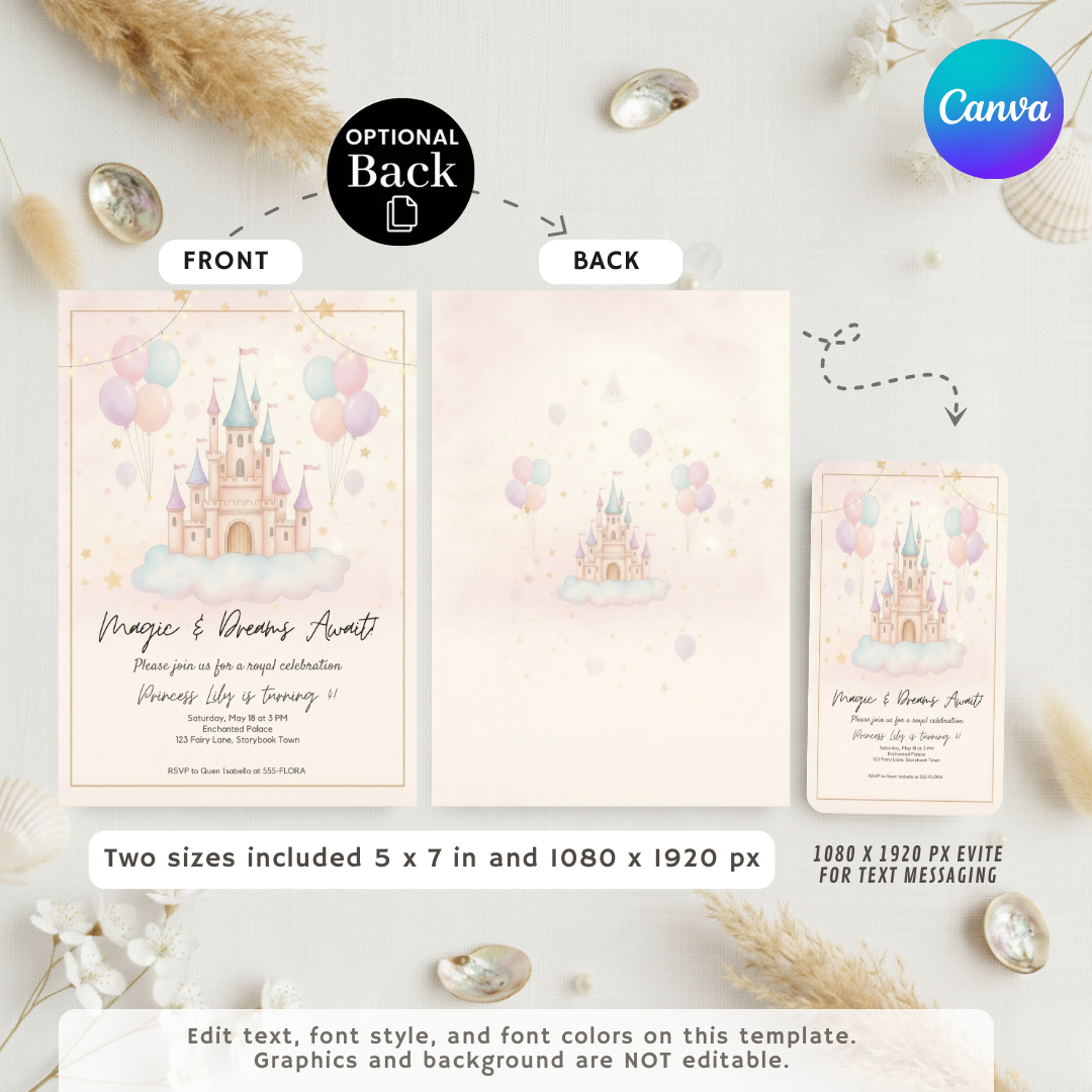 Princess Birthday Invitation | Editable Castle Invite Template | Girl's Royal Celebration | Whimsical Fairy Tale Party | Printable | Digital Evite