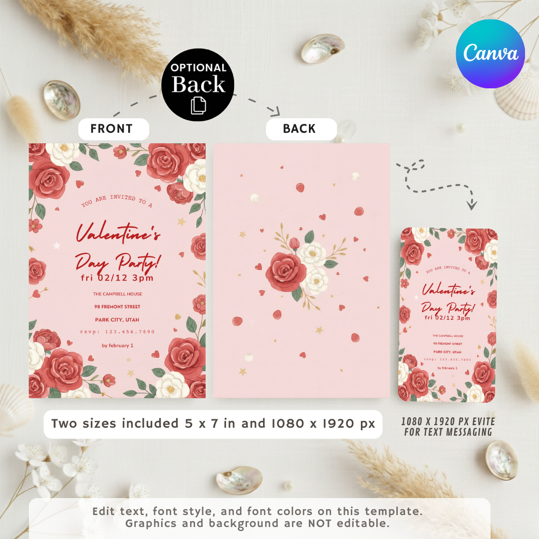 Editable Valentine's Day Party Invitation | Floral Galentine's Invite Template | Red Roses Romantic Party | Digital Printable Evite | Canva