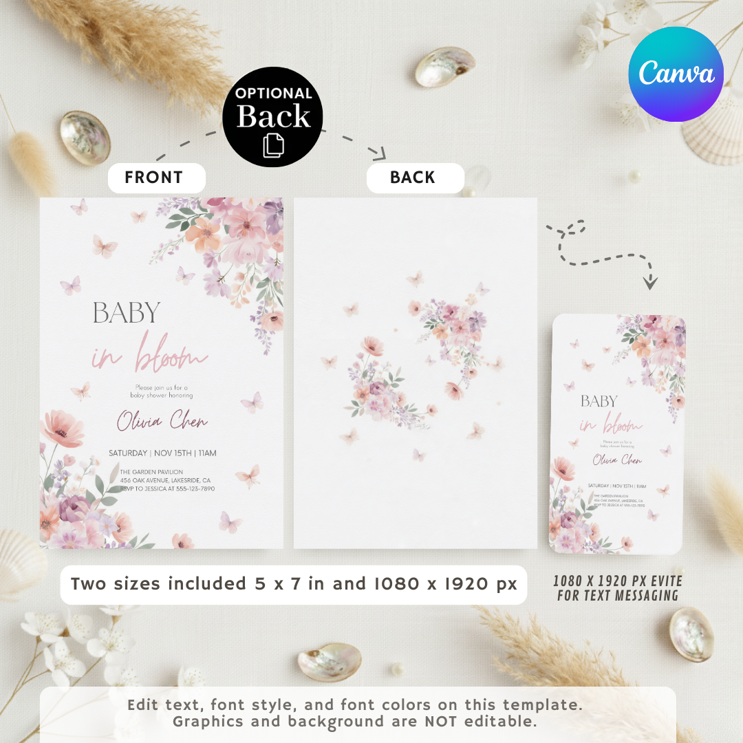 Baby in Bloom Baby Shower Invitation Girl | Editable Floral Butterfly Invite | Watercolor Garden Party Template | Printable Digital Invite