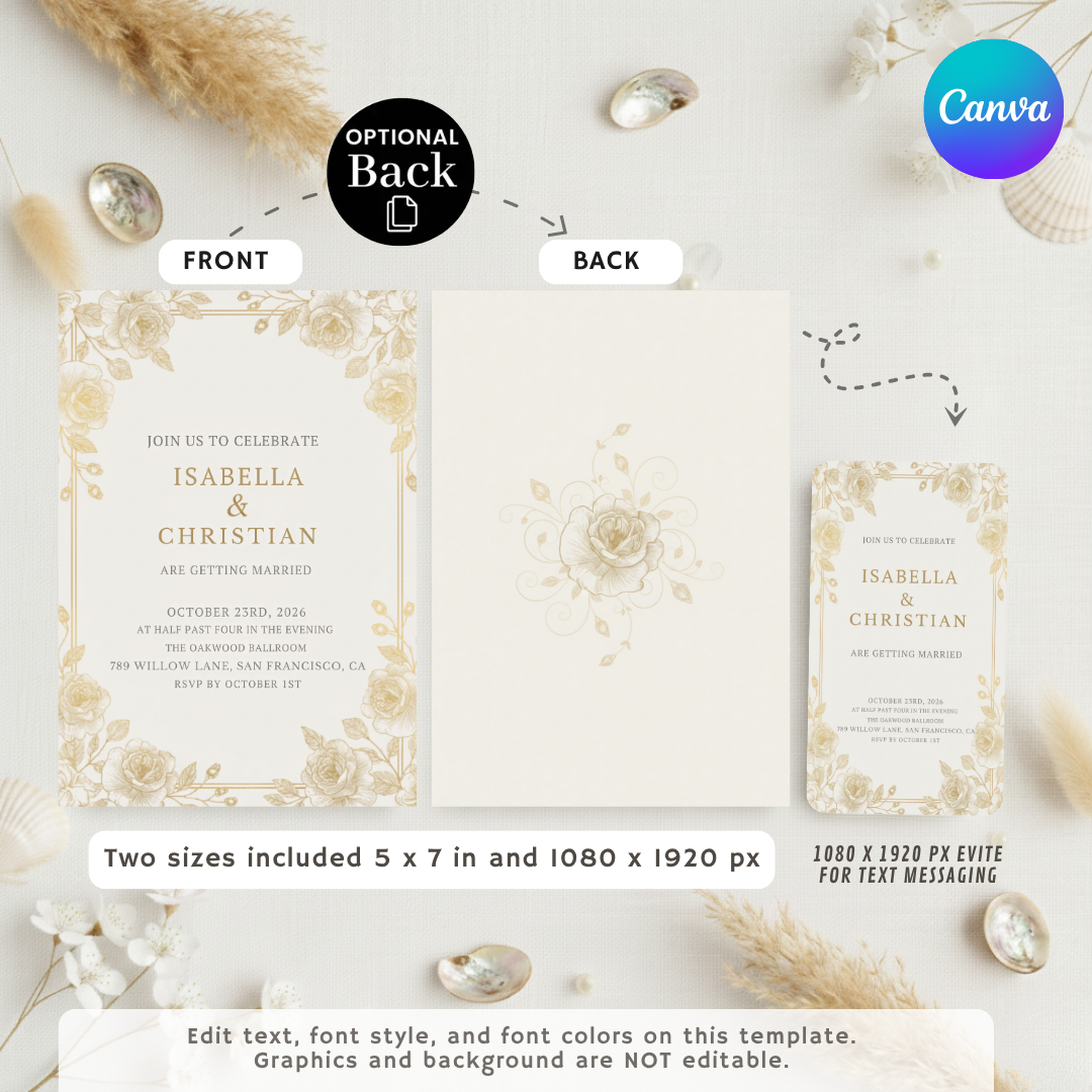Elegant Wedding Invitation Template | Gold Floral Invite | Classic Rose Wedding Suite | Editable Canva Printable | Instant Digital Download