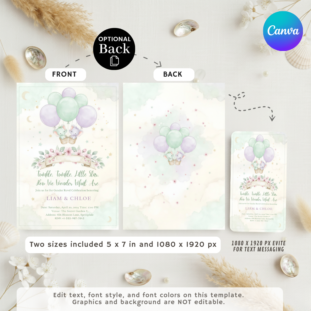 Twins Gender Reveal Invite | Editable Elephant Template | Twinkle Twinkle Little Star | Boy and Girl | Printable Invitation | Instant Download
