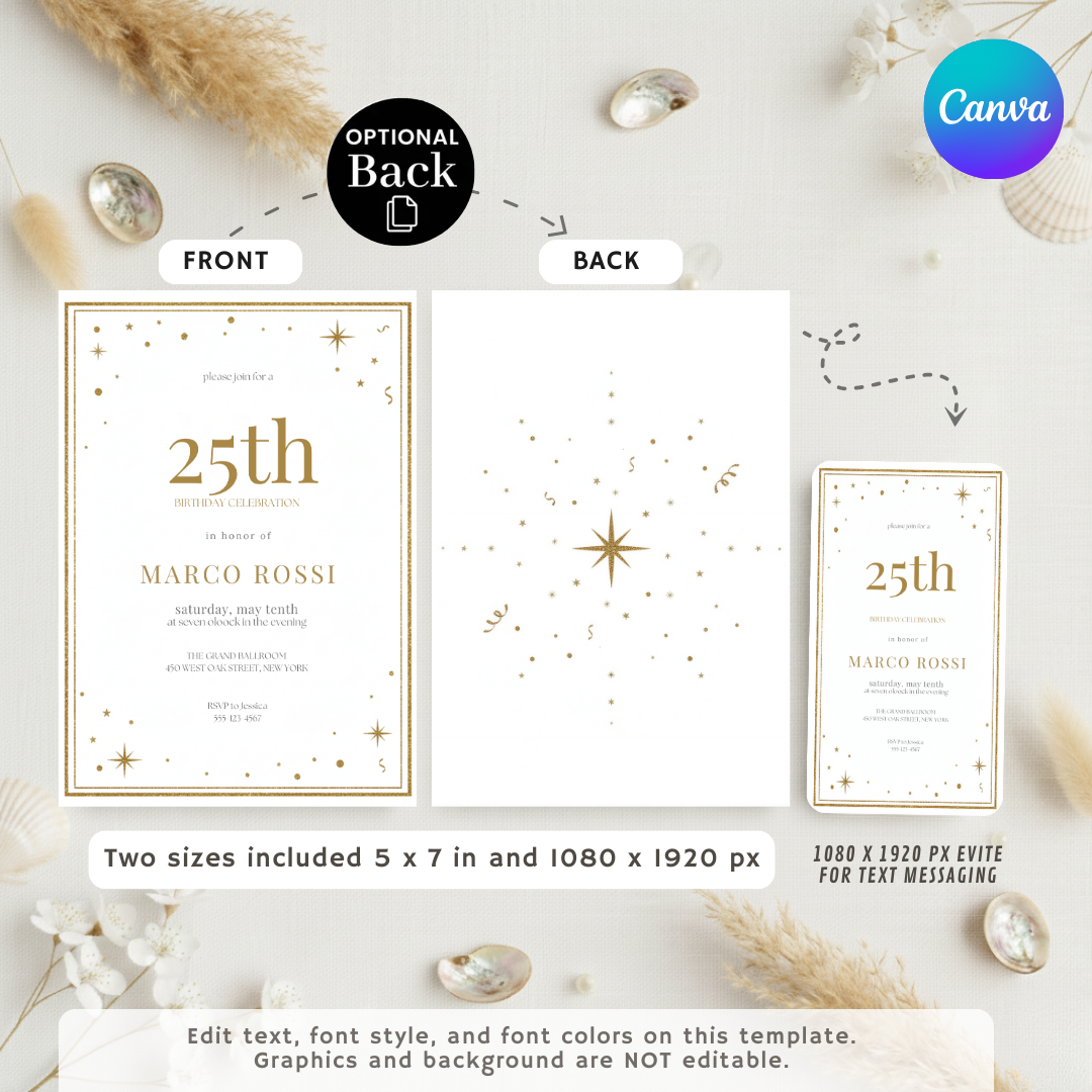 Elegant 25th Birthday Invitation Template | Editable Gold Starry Night Invite For Him or Her | Modern Adult Party | Digital Instant Download