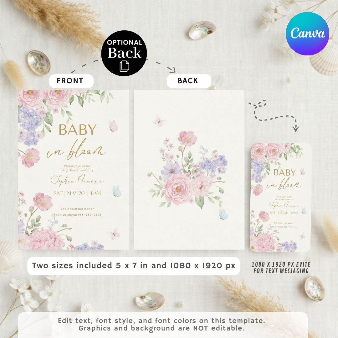 Baby in Bloom Baby Shower Invitation Girl | Editable Floral Butterfly Invite | Watercolor Garden Party Template | Printable & Digital Download
