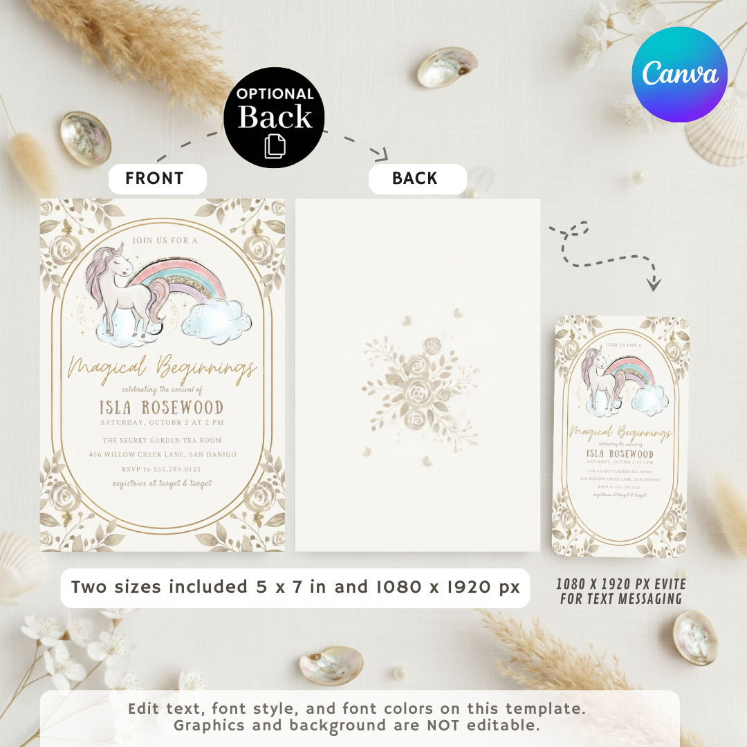 Unicorn Baby Shower Invitation Girl | Magical Beginnings Invite | Editable Rainbow Template | Boho Floral Printable | Instant Download Digital