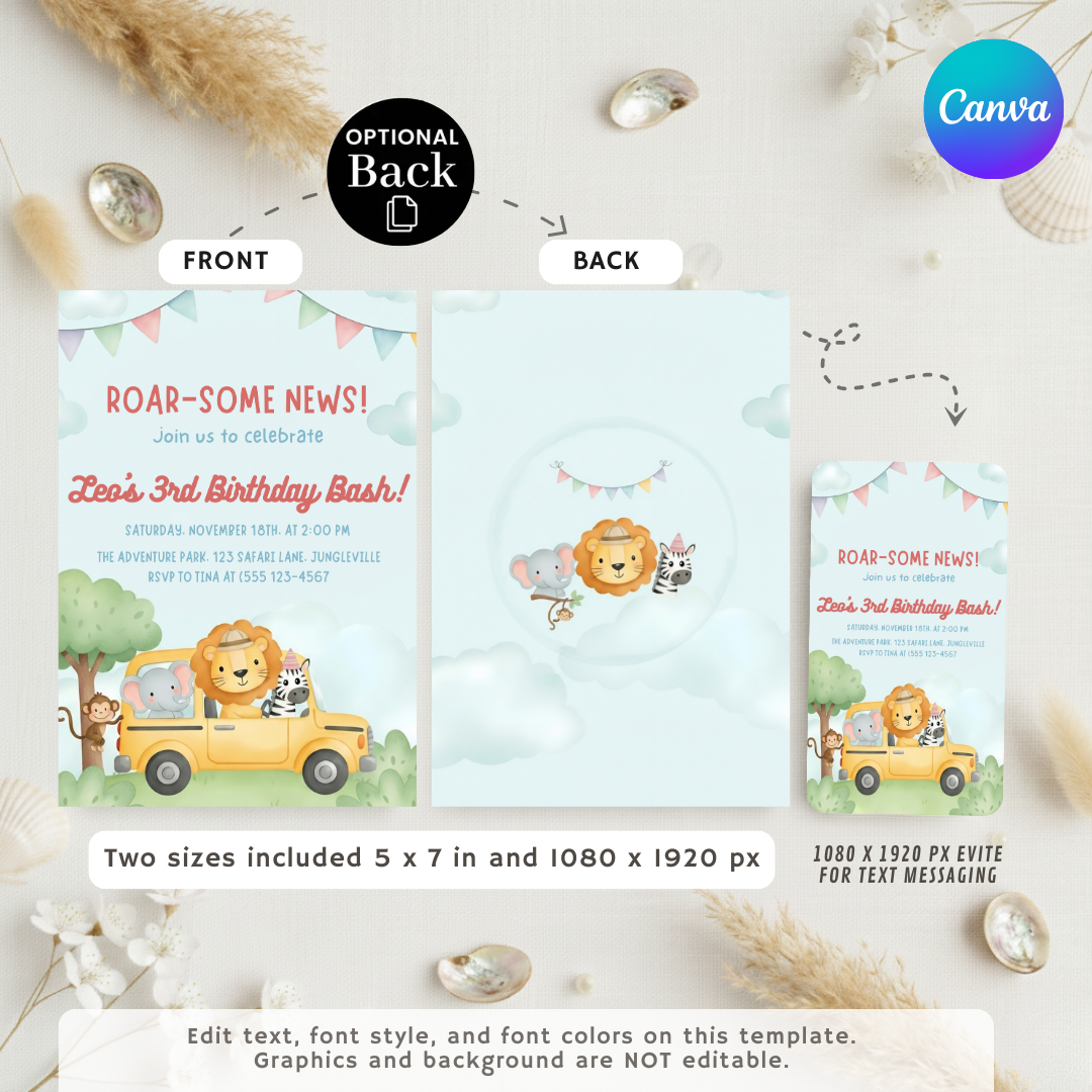 Safari Birthday Invitation Boy | Editable Jungle Animals 3rd Birthday Bash | Printable Wild One Party Invite | Digital Download Canva Template