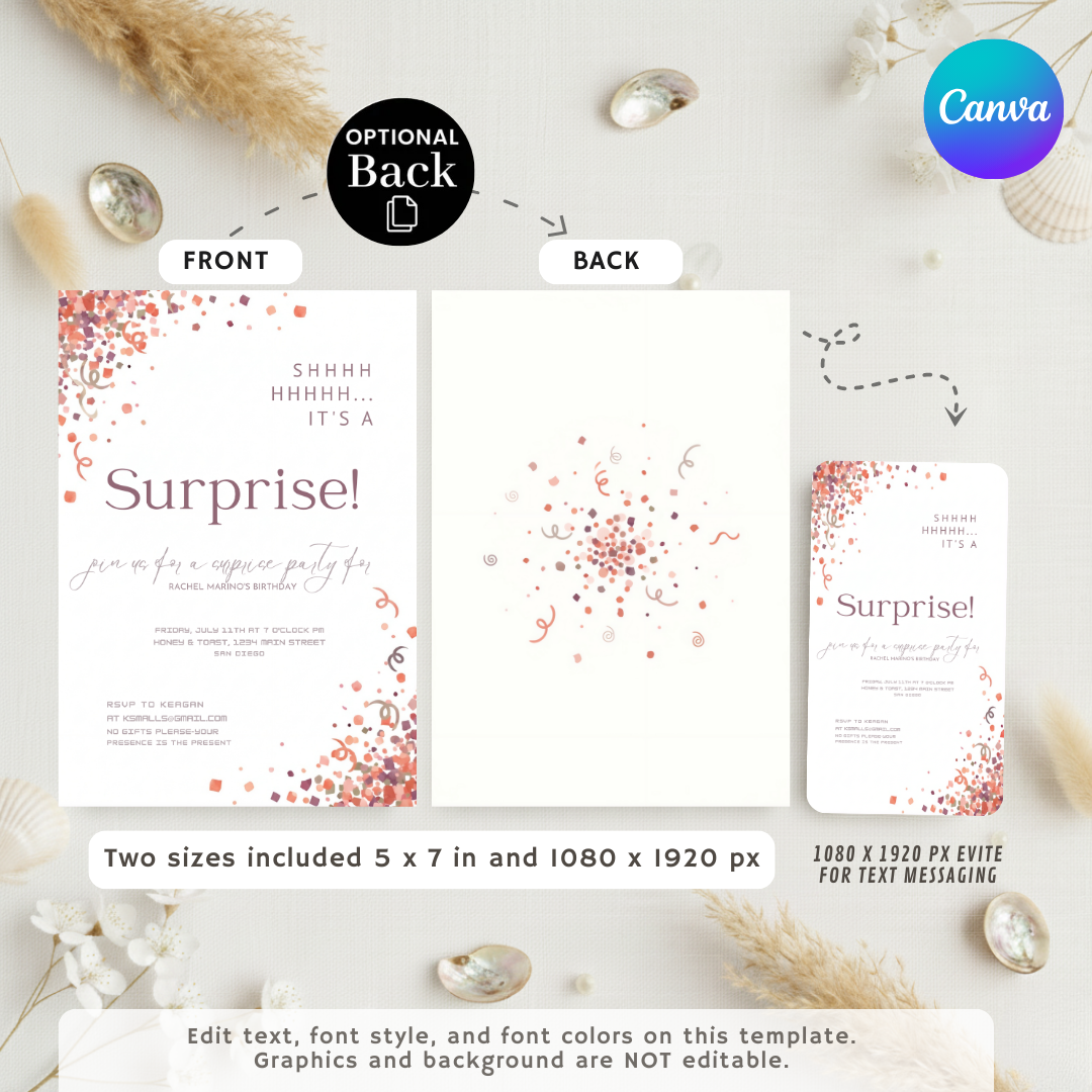 Surprise Birthday Invitation Template for Her | Editable Confetti Party Invite | Modern Women's Birthday | Printable & Digital | Instant Download