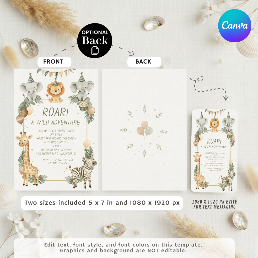 Editable Safari Birthday Invitation | Wild One First Birthday Invite for Boy or Girl | Jungle Animals Template | First Trip Around the Sun