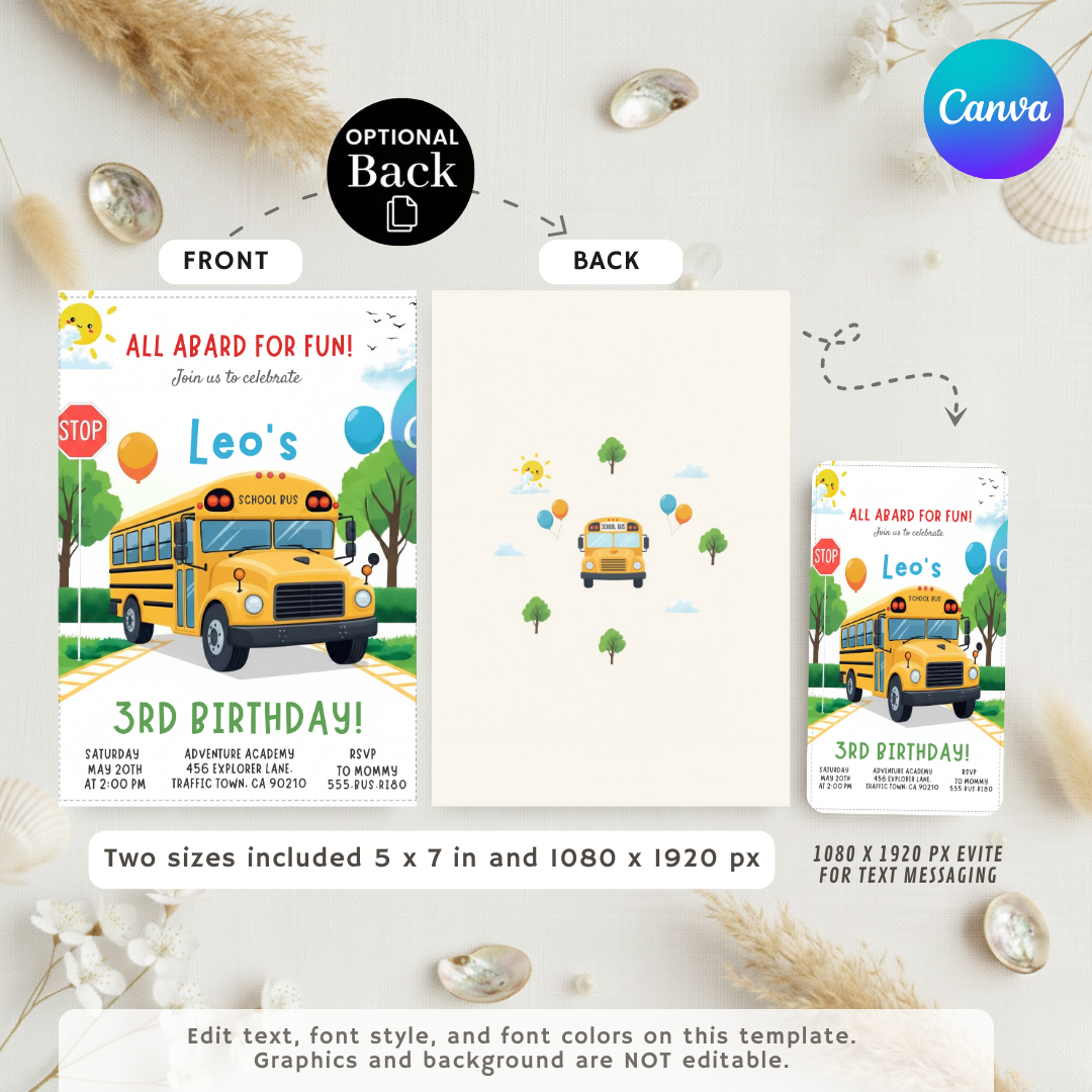 School Bus Birthday Invitation for Boy | Editable 3rd Birthday Invite | Wheels on the Bus Party Template | Printable Digital Evite | Canva