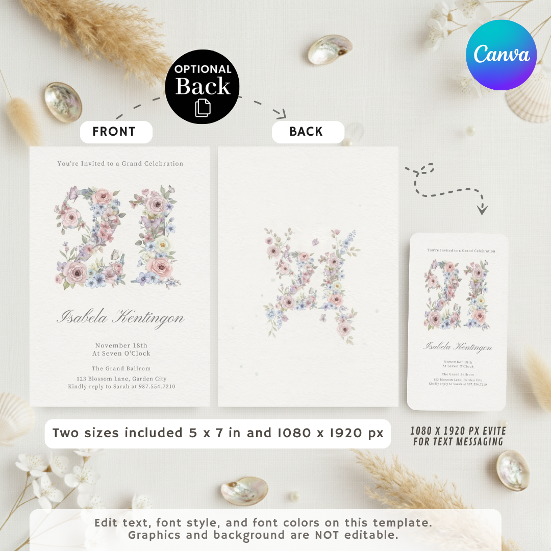 Floral 21st Birthday Invitation for Her | Editable Twenty First Party Invite Template | Watercolor Garden Butterfly Evite | Digital Download