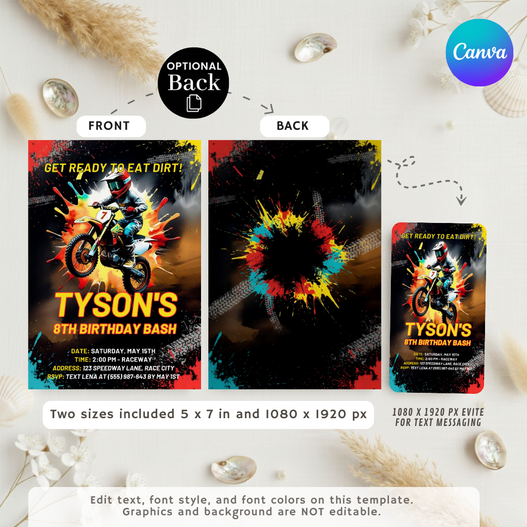 Boy's Motocross Birthday Invitation | Editable Dirt Bike Party Template | Racing Invite for Kids | Printable | Instant Download | Eat Dirt