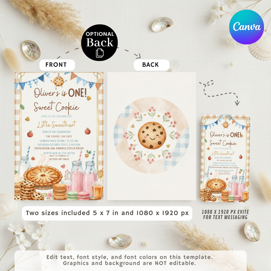 Sweet One Birthday Invite | Cookie Theme Party | Boy's 1st Birthday | Canva / Printable | Instant Download