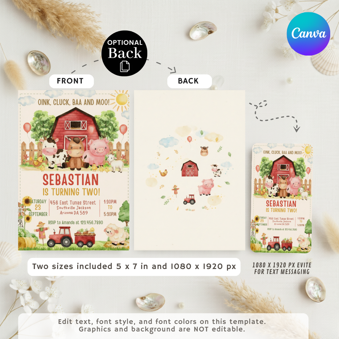Farm Animal Birthday Invitation Template | Editable Barnyard Bash Invite for Boys and Girls | Printable Kids Party Card | Digital Download