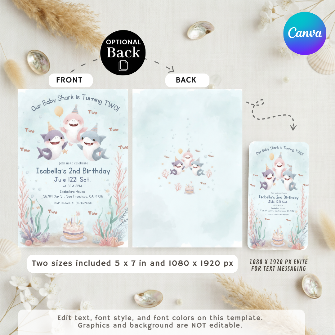 Baby Shark 2nd Birthday Invitation | Editable Under the Sea Party Invite for Girl | Watercolor Ocean Two Template | Printable & Digital Evite