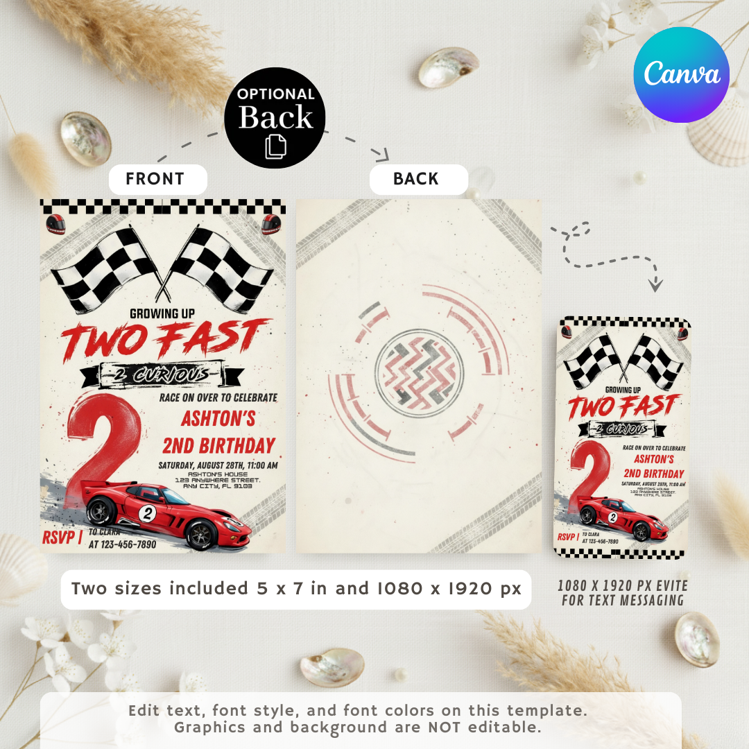 Two Fast 2nd Birthday Invitation | Boy's Race Car Party Invite | Editable Canva Template | Printable Car Birthday | 2 Curious | Instant Download