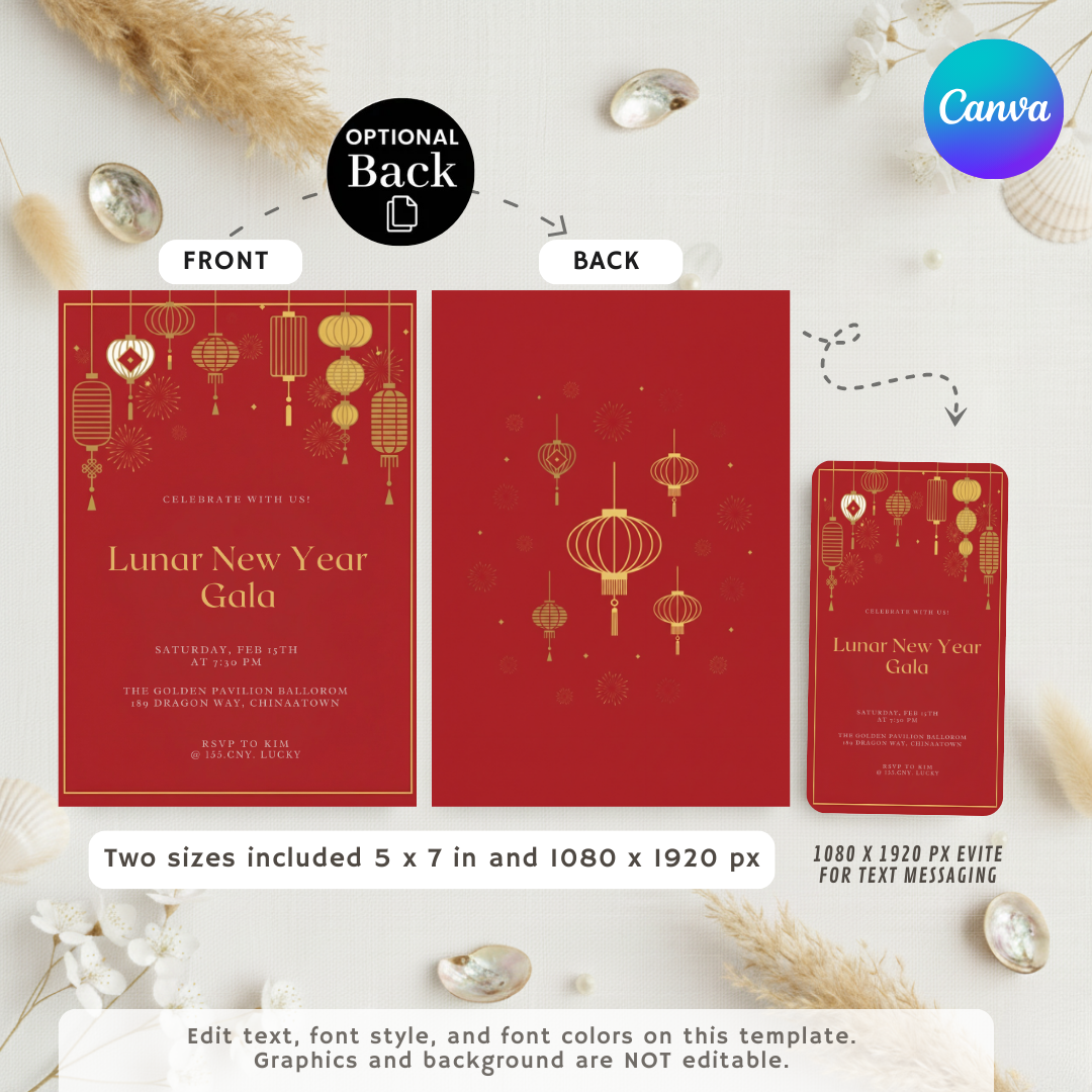 Lunar New Year Gala Invitation | Editable Chinese New Year Party Template | Red and Gold Lanterns Evite | Printable Digital | Instant Download