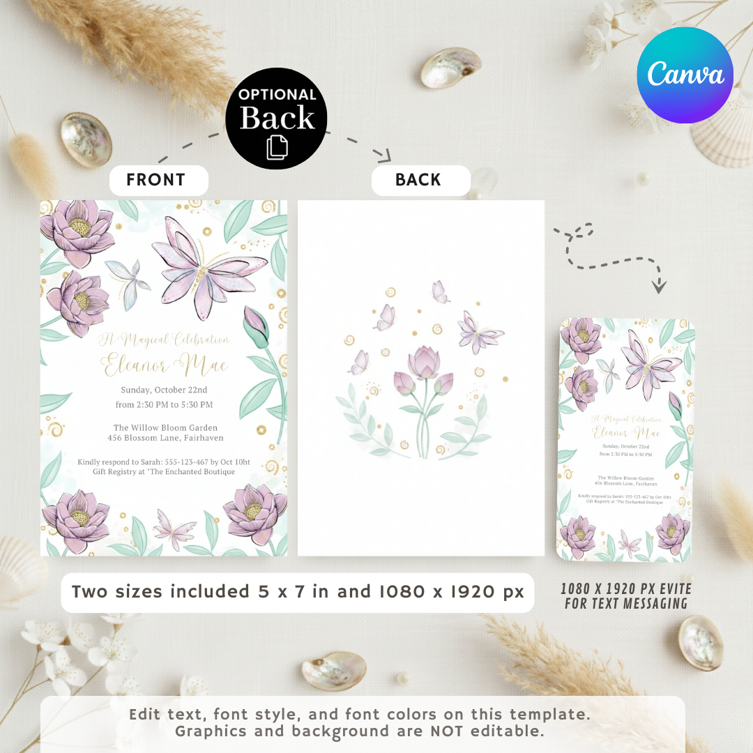 Magical Butterfly Invitation | Girl's Birthday Party | Enchanted Fairy Garden Evite | Editable Floral Template | Printable Instant Download