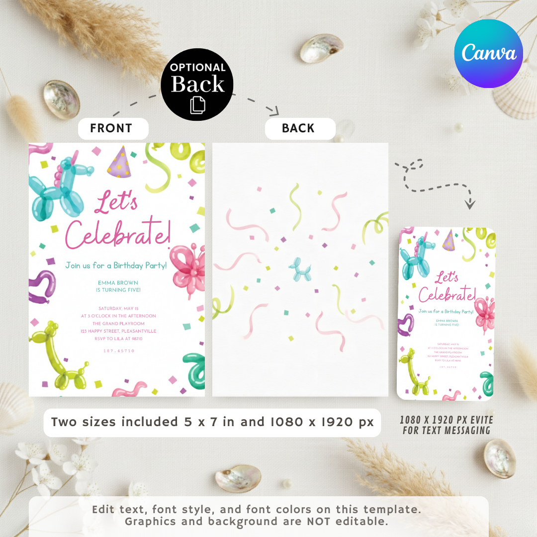 Balloon Animal Birthday Invitation | Editable Kids Party Invite for Boys and Girls | Whimsical Party Template | Printable 5x7 | Instant Download