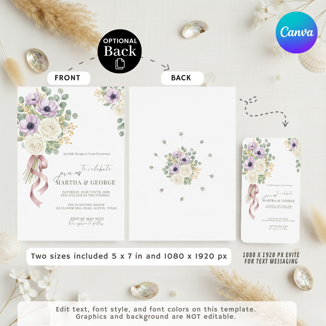Floral Wedding Invitation Template | Editable Lavender Anemone & Rose Invite | Printable Garden Wedding Stationery | Instant Download | Canva
