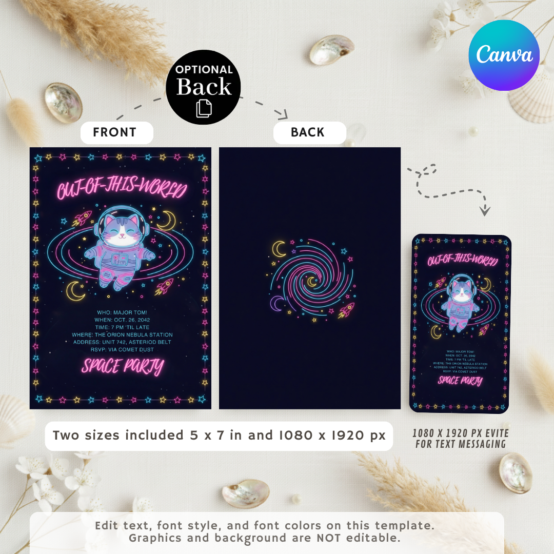 Astronaut Cat Birthday Invitation | Editable Space Party Template | Neon Galaxy Invite for boys and girls | Digital Printable | Instant Download