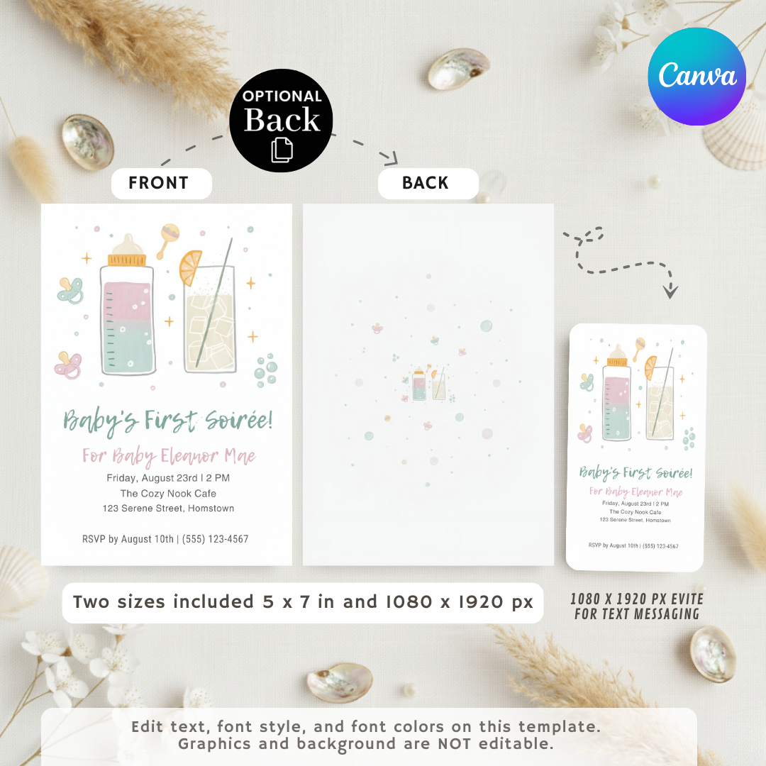 Baby's First Soirée Invitation Girl | Editable Bottles & Cocktails Template | Modern Sip and See Baby Shower Invite | Printable & Digital
