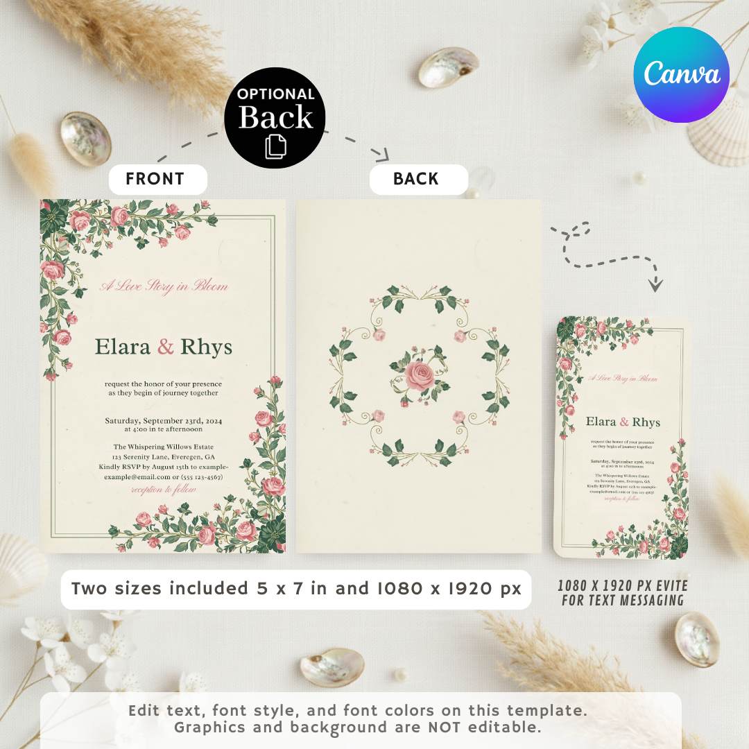 Romantic Floral Wedding Invitation Template | Editable Pink Roses Invite | Garden Wedding Printable | Vintage Evite | Instant Digital Download