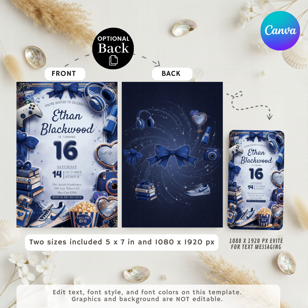 Boy's 16th Birthday Invitation | Editable Blue Aesthetic Teen Invite | Favorite Things Party Template | Digital Evite | Instant Download