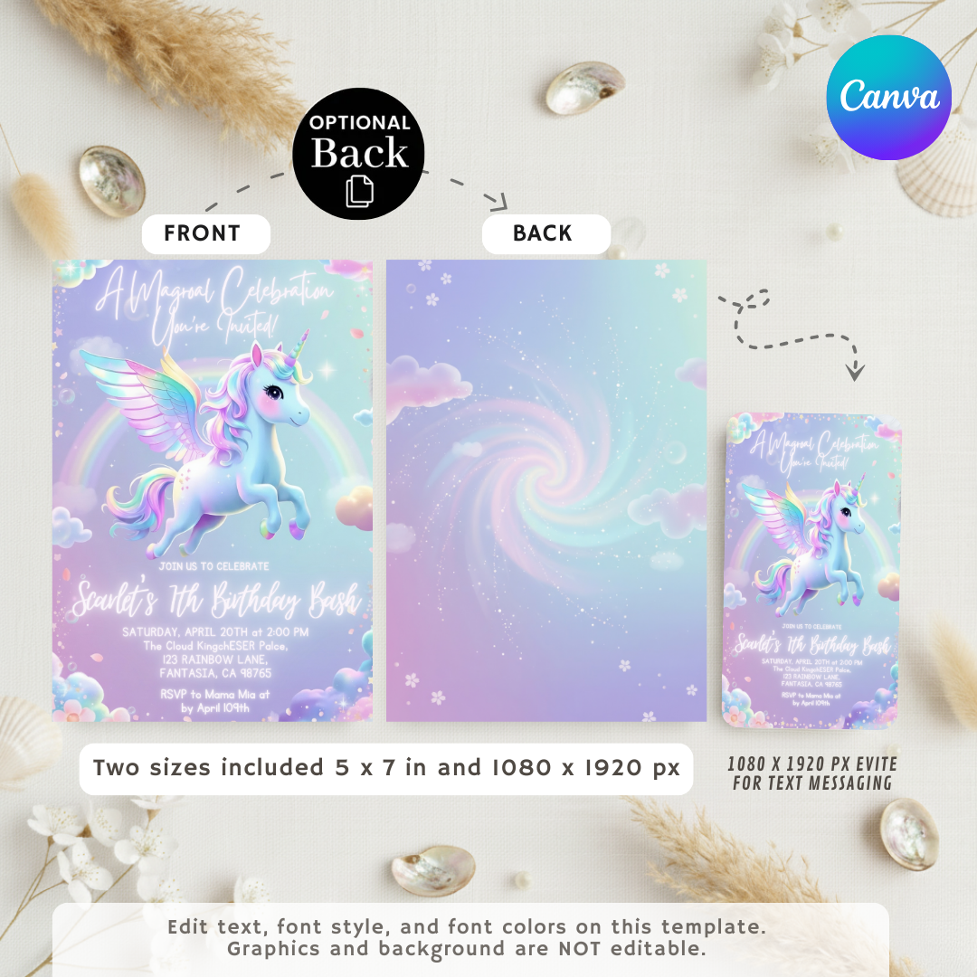 Magical Unicorn Birthday Invitation Girl | Editable Rainbow Party Invite Template | Pastel Cloud Theme | Printable 7th Birthday | Instant Download