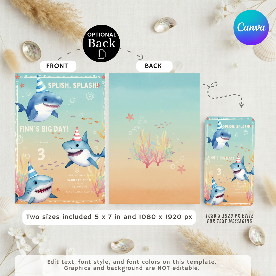 Shark Birthday Invitation Boy | Editable 3rd Birthday Party Invite Template | Under the Sea Theme | Printable Digital Instant Download