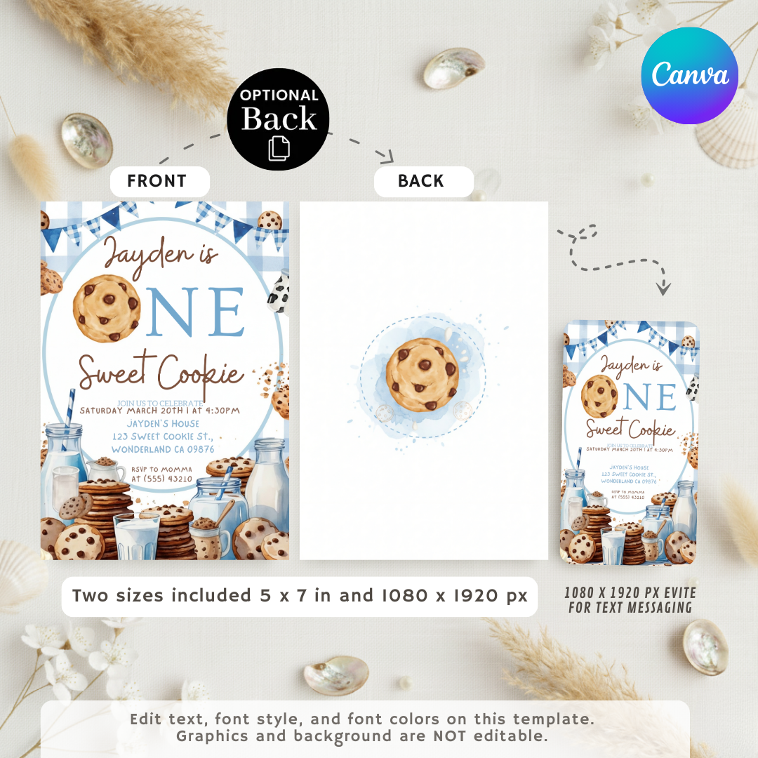 Boy's First Birthday Invitation | One Sweet Cookie Invite | Editable Milk & Cookies Template | Printable Digital Party Evite | Instant Download