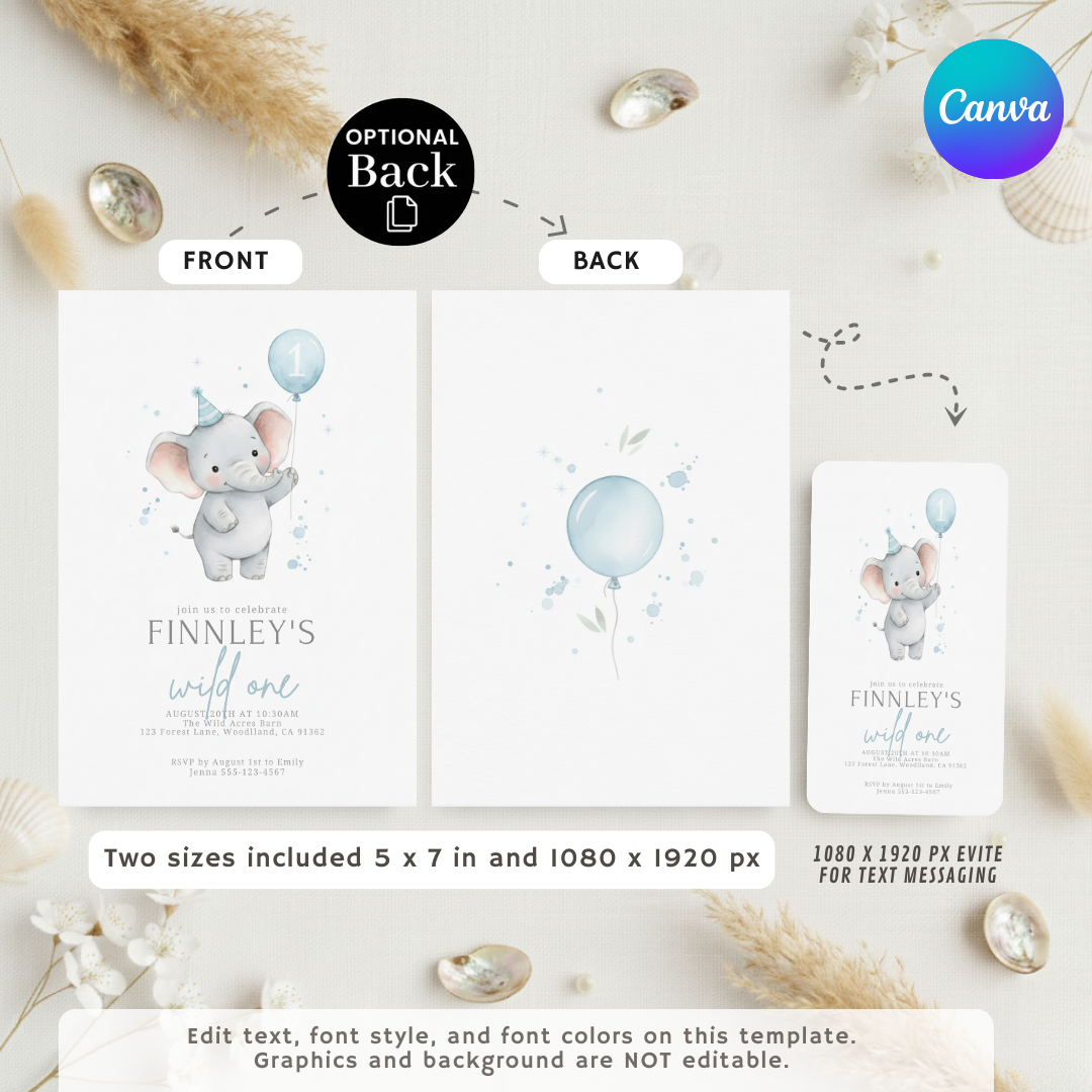 Boy's First Birthday Invitation | Editable Elephant Wild One Invite Template | Blue Watercolor Animal Party | Digital Evite | Instant Download