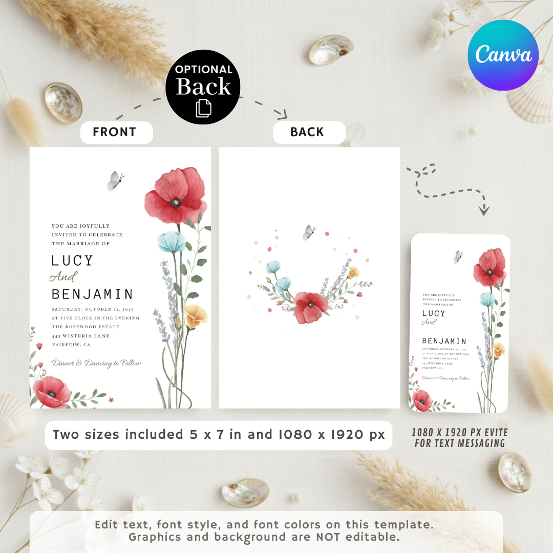Watercolor Wildflower Wedding Invitation Template | Editable Floral Invite | Rustic Poppy Garden Wedding | Botanical Printable | Instant Download