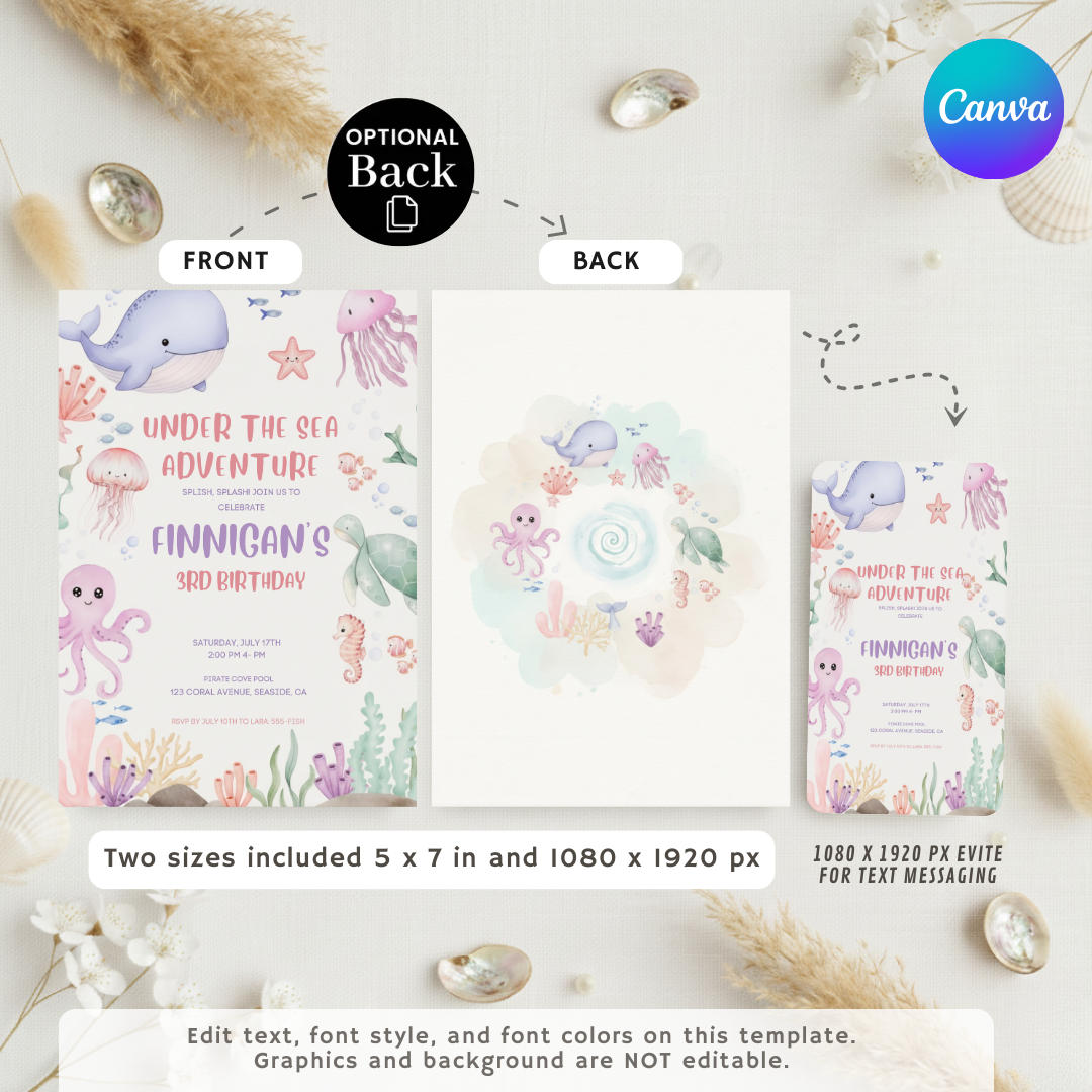 Under the Sea Birthday Invitation | Ocean Animal Party Invite | Editable Sea Creature Template for Boys & Girls | Printable Digital Download