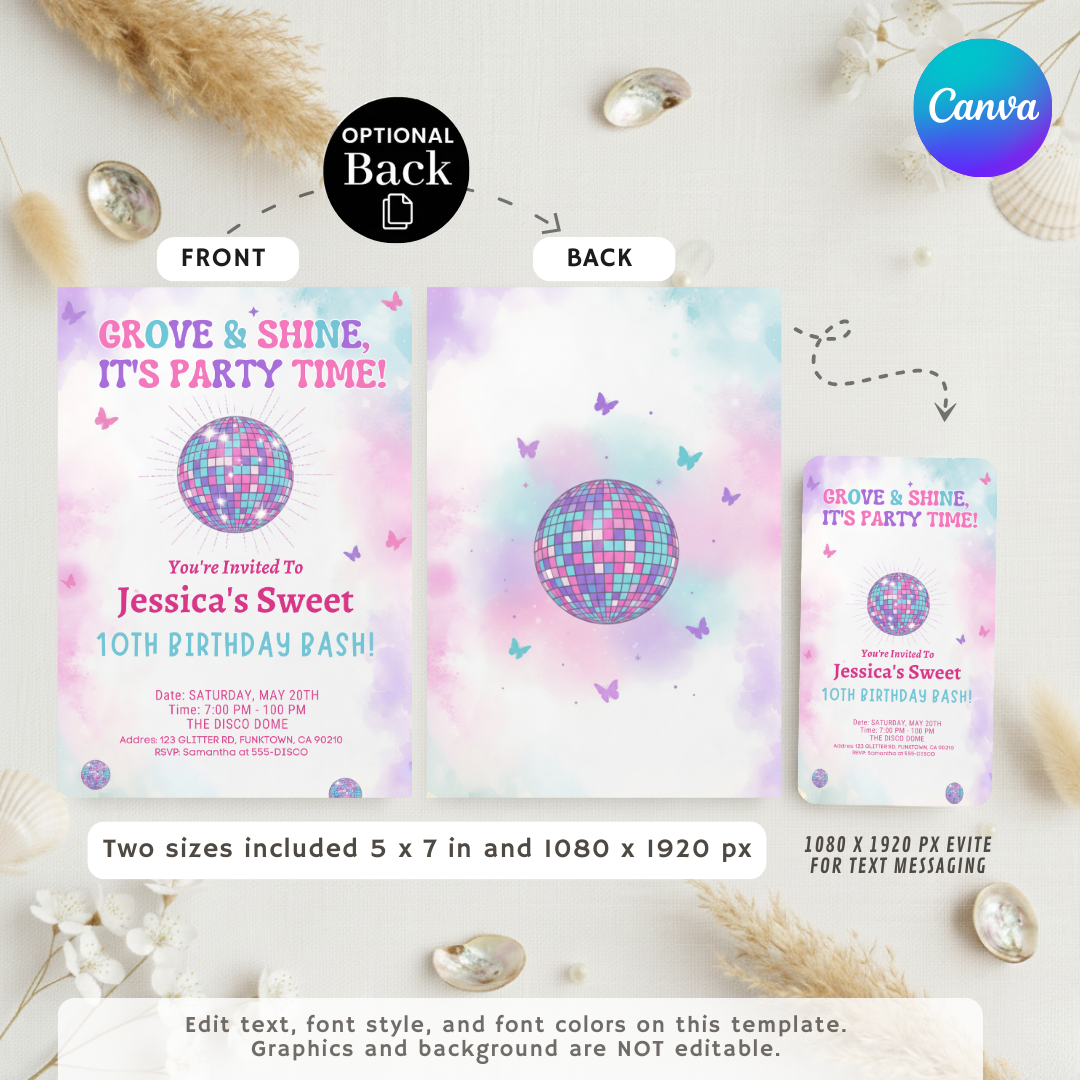 Groovy Disco Birthday Invitation Girl | Editable 10th Birthday Party Invite Template | 70s Theme Disco Ball & Butterfly Evite | Printable