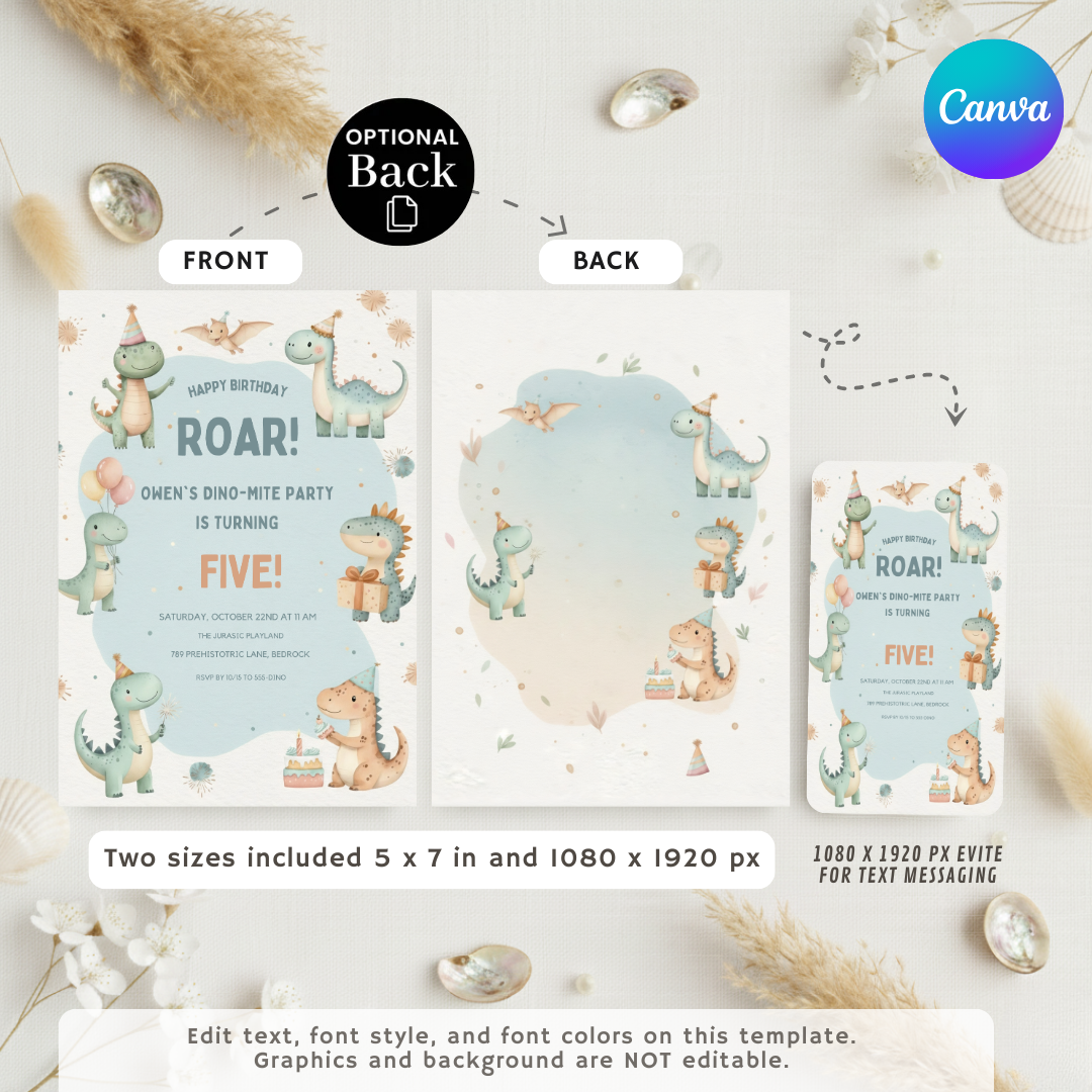 Dinosaur Birthday Invitation Editable Template | Dino-Mite Boy or Girl Party Invite | Roar First Birthday Printable | Instant Digital Download