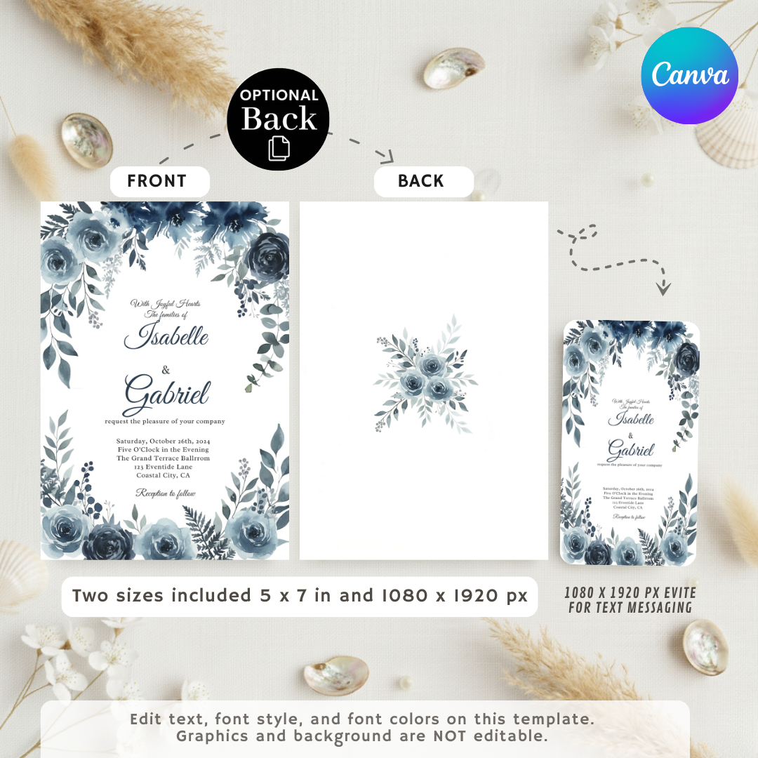 Dusty Blue Wedding Invitation Template | Editable Navy Floral Invite | Watercolor Flowers | Elegant Printable Wedding Suite | Instant Download
