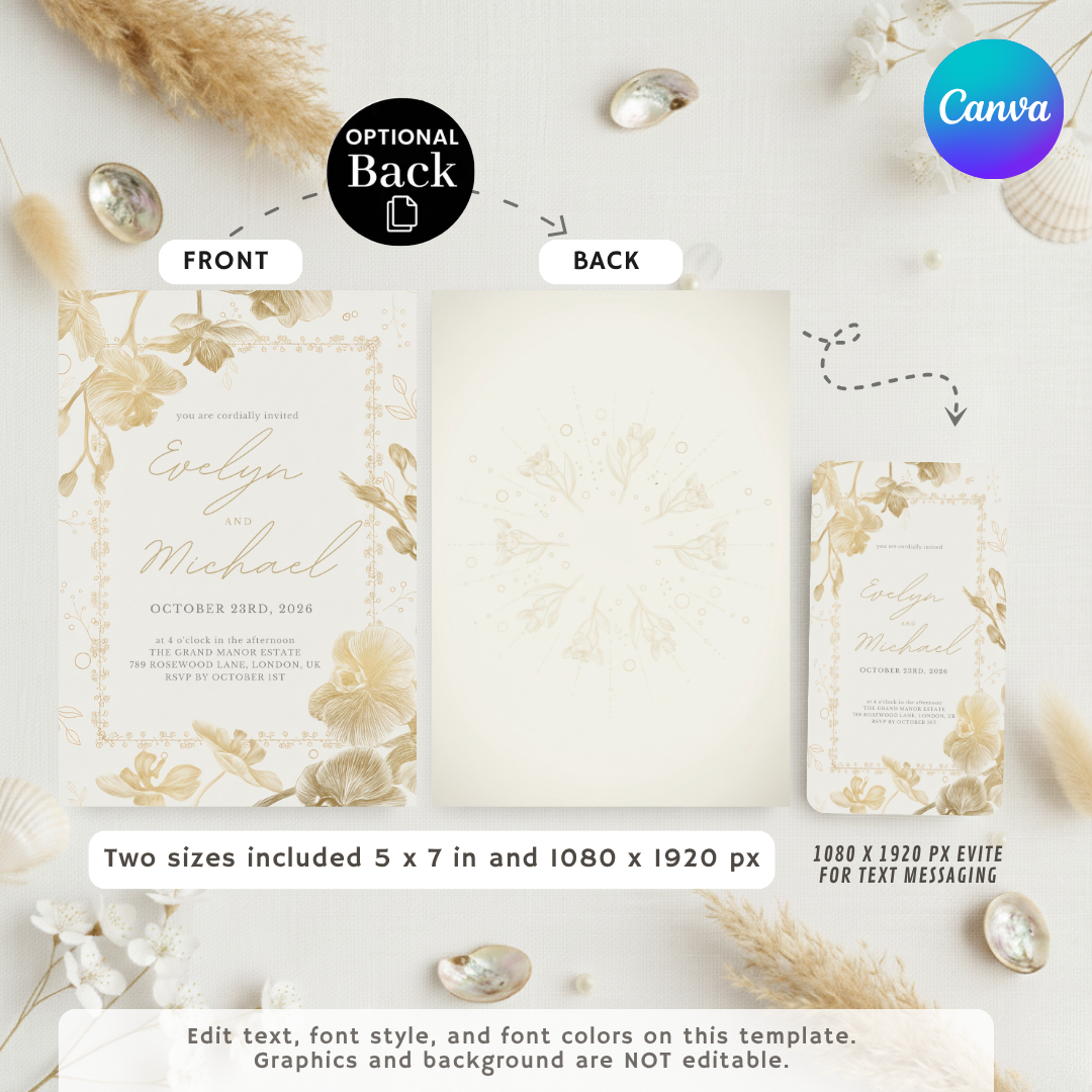 Elegant Orchid Wedding Invitation Template | Gold Floral Invite | Editable Minimalist Script Stationery | Printable Digital Evite | Instant Download
