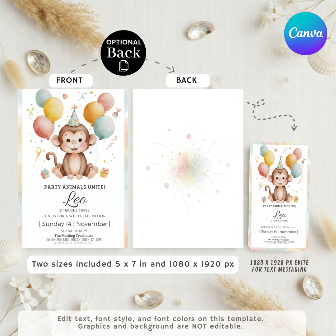 Monkey Birthday Invitation Boy or Girl | Editable Jungle Party Invite | Wild Third Birthday Template | Printable Safari Animal Evite | Instant Download