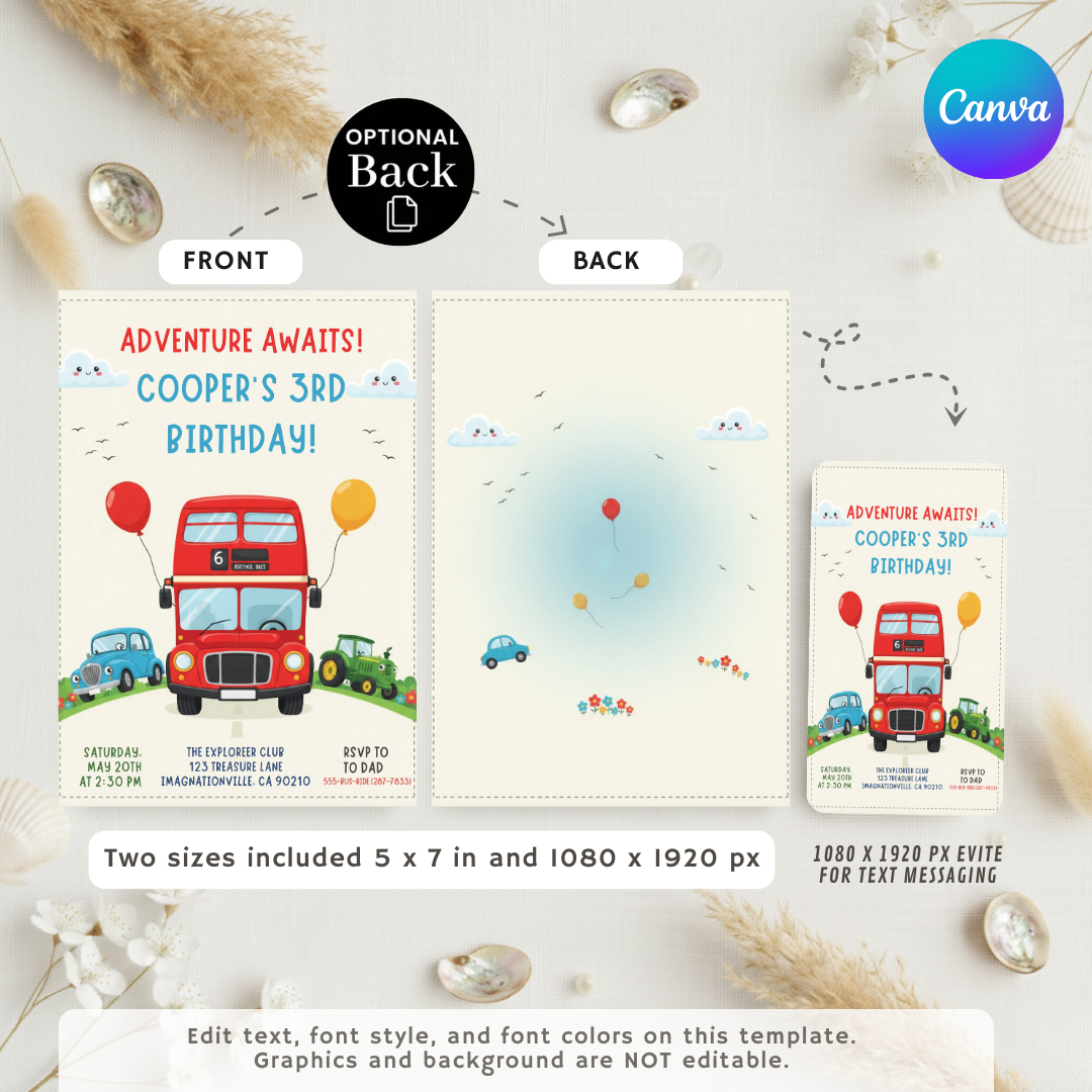 Boy's Transportation Birthday Invitation | Editable Adventure Awaits Party | Red Bus Invite | Car & Tractor Theme | Printable Digital Evite