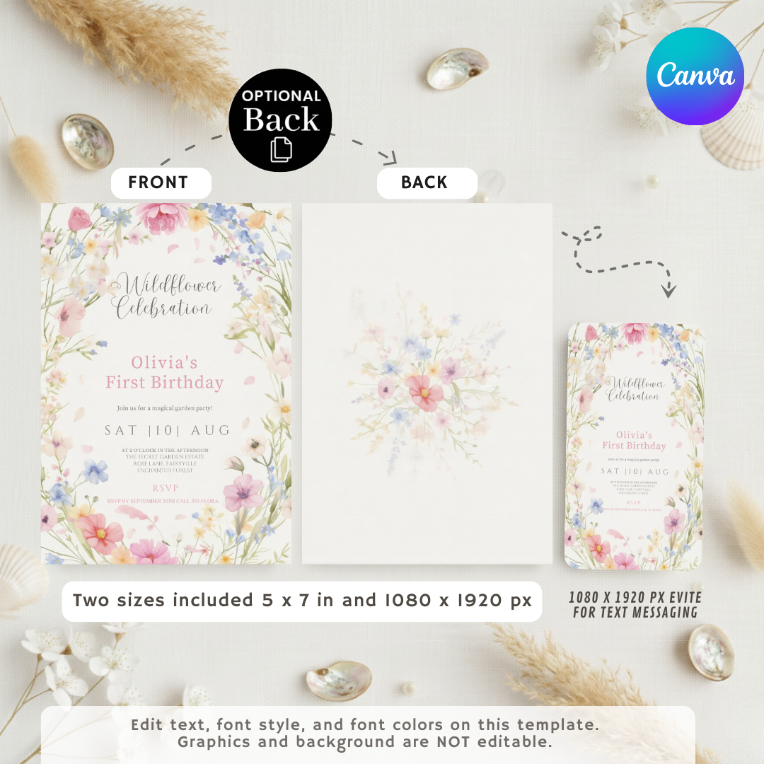 Wildflower First Birthday Invitation Girl | Editable Garden Party Invite Template | Floral 1st Birthday | Printable Digital Invite | INSTANT DOWNLOAD