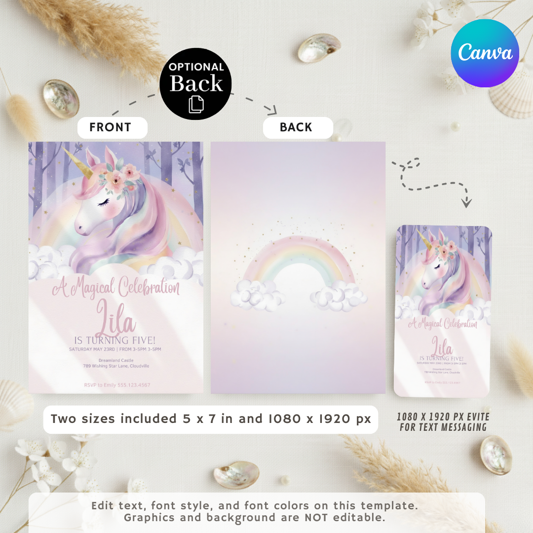 Magical Unicorn Birthday Invitation Girl | Editable 5th Birthday Party Invite | Pastel Rainbow Floral Template | Printable | Instant Download