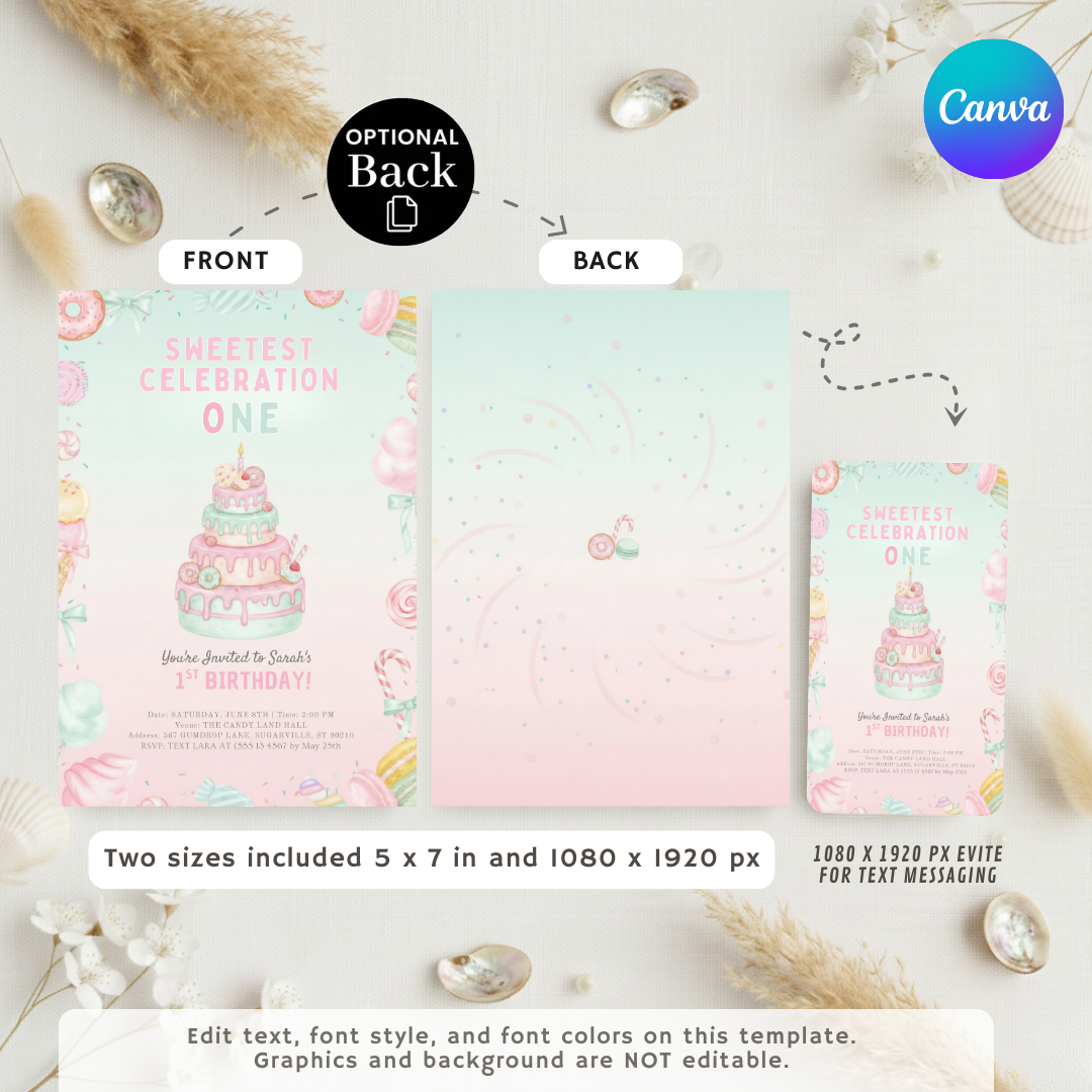 Girl's First Birthday Invitation | Sweetest One Birthday Invite | Editable Candy Land Party Template | Printable Donut Theme | Instant Download