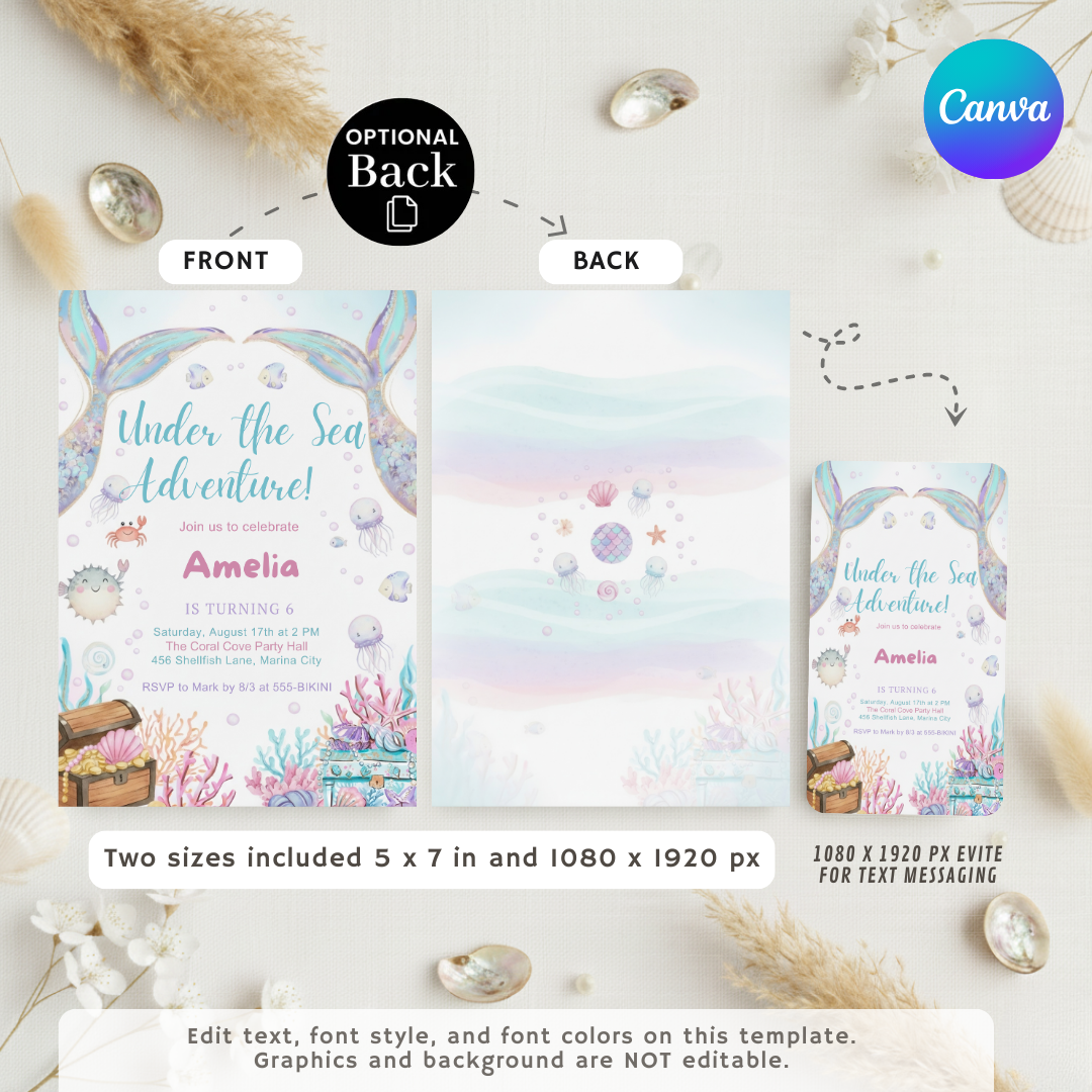Mermaid Birthday Invitation Girl | Under the Sea Party Invite | Editable Ocean Adventure Template | Pastel Watercolor Evite | Instant Download