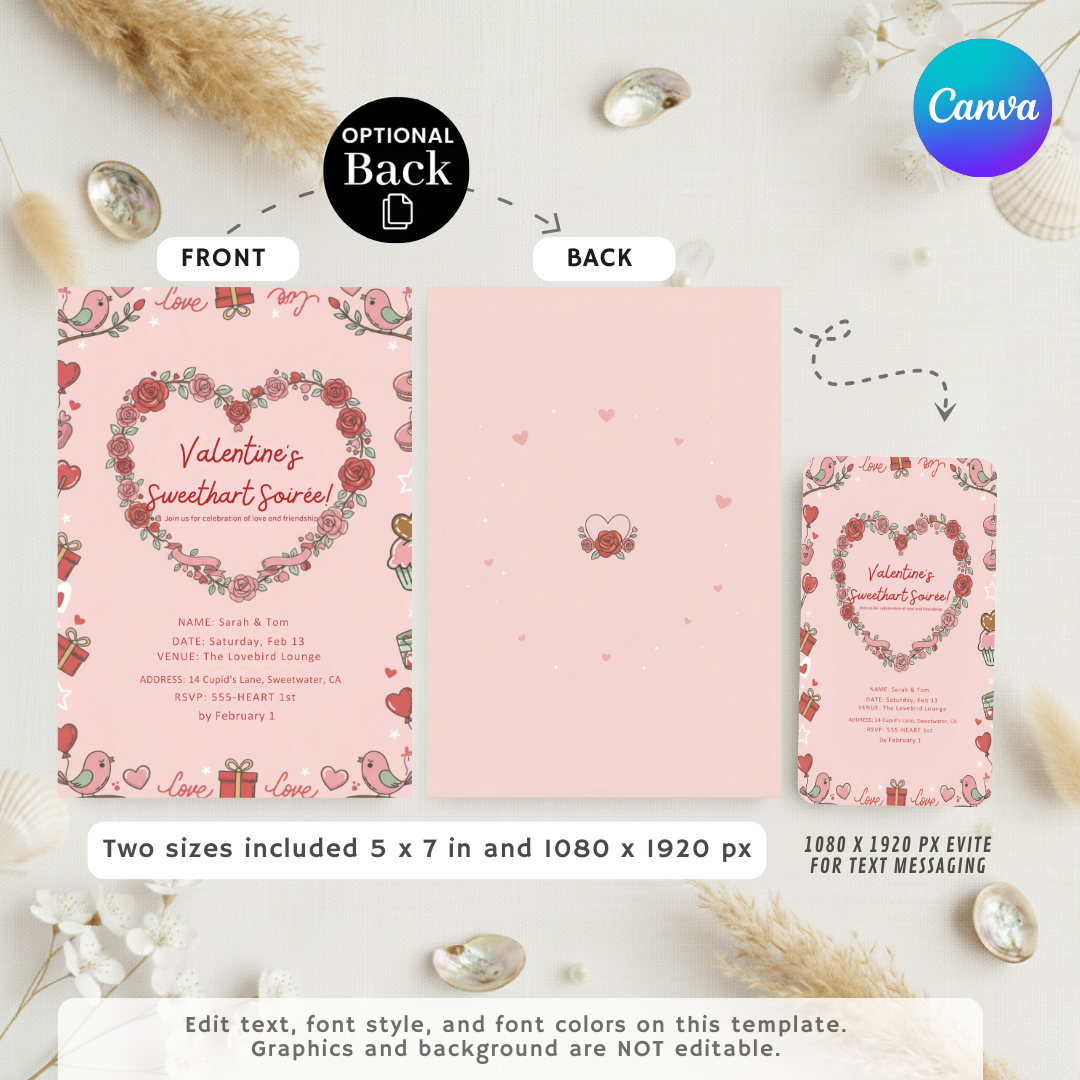 Valentine's Day Invitation Template | Editable Sweetheart Soirée Invite | Couples Party or Galentine's Invite | Printable | Instant Download