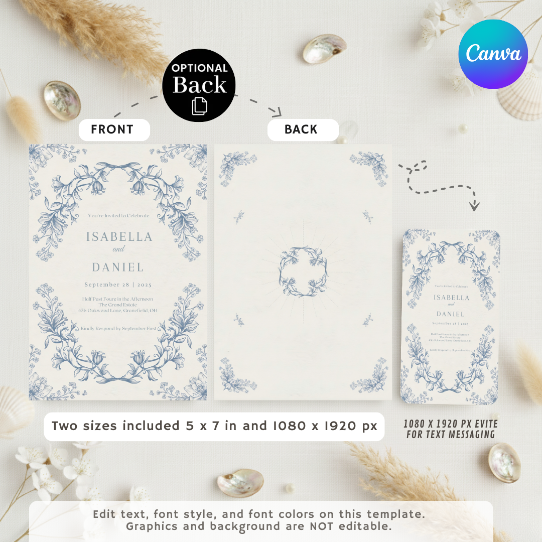 Vintage Floral Wedding Invitation Template | Dusty Blue Botanical Invite | Editable Classic Wedding Stationery | Printable & Digital | Canva