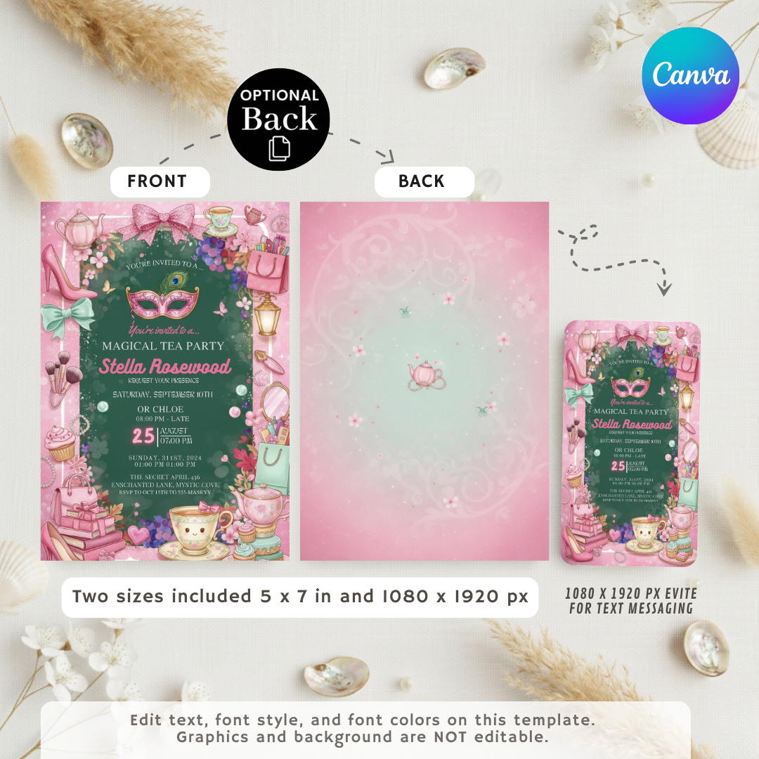Magical Tea Party Invitation | Editable Girl's Birthday Invite | Masquerade Glam Party Template | Printable Digital Evite | Instant Download