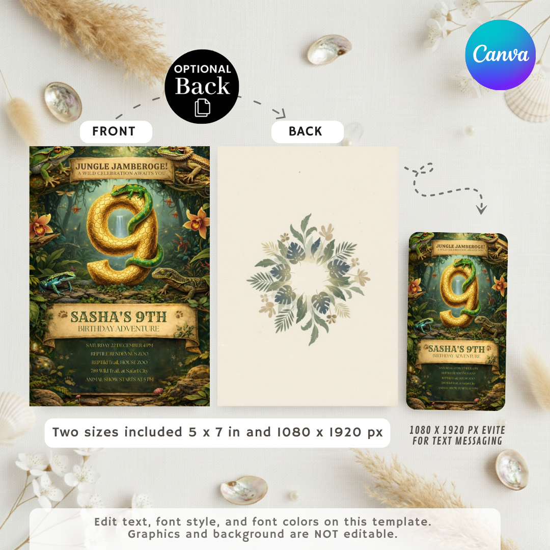 Reptile Birthday Invitation | Jungle Adventure Party Invite for Boy or Girl | Editable 9th Birthday Template | Lizard & Frog Theme | Digital Evite
